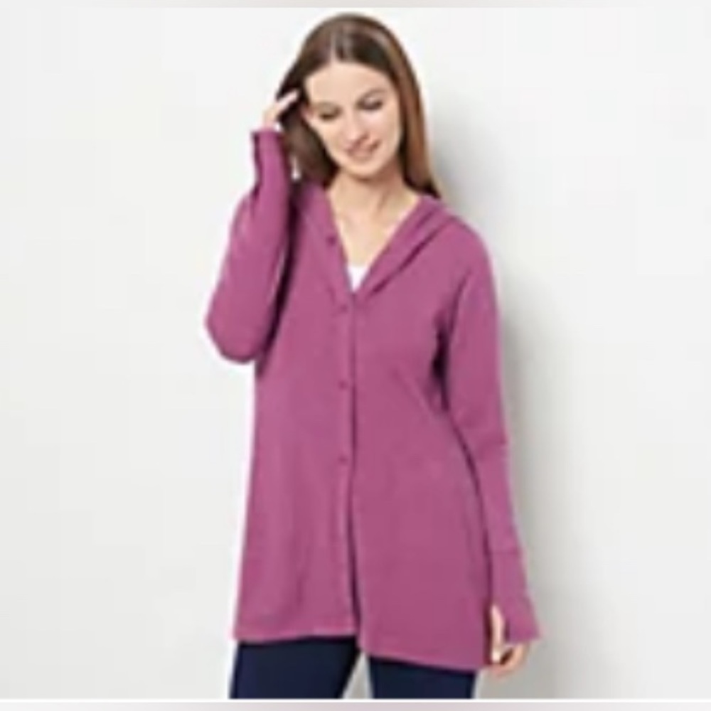 SUSAN GRAVER SG Sport French Terry Snap- Front Hooded Duster Cardigan